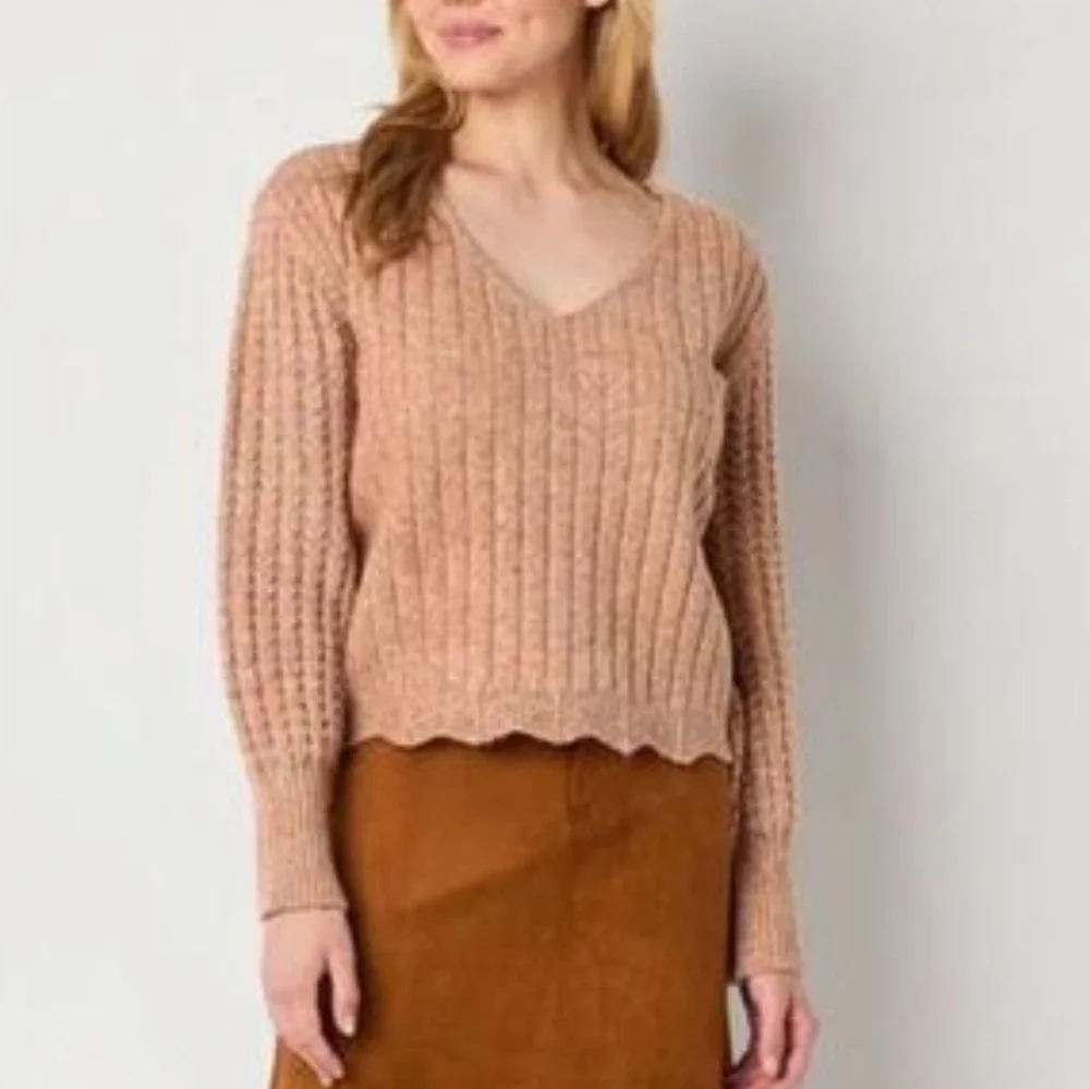 FRYE & CO Puff Sleeve Fancy Knit Boho V Neck Sweater In Apricot NWOT